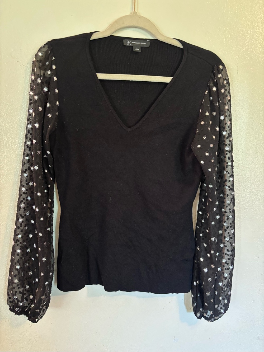 INC International Concepts Black V-Neck Sweater with Sheer Polka Dot Sleeves